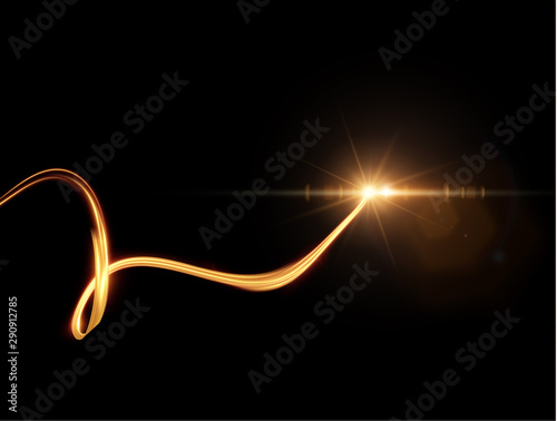 Golden ribbon with light trail effect and energy lines vector background.