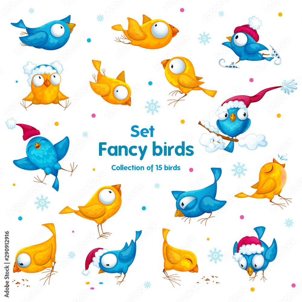 A set of funny unusual winter birds in different poses and situations. Vector cartoon characters.