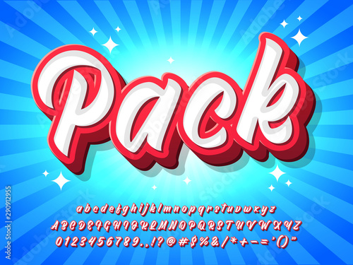 pop poster template for headline text effect, 3d extrude font with soft edge, red and white alphabet with burst blue background