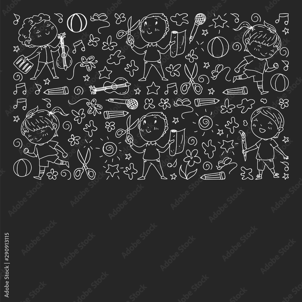 creative kids dancing, sing, playing football, playing guitar, violin, making models from paper. Monochrome chalk drawing on blackboard. creative kids dancing, sing, playing football, playing guitar, violin, making models from paper. Monochrome chalk drawing on blackboard.