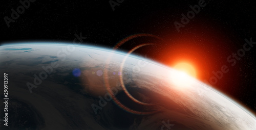 Fototapeta Naklejka Na Ścianę i Meble -  View of planet Earth close up with atmosphere during a sunrise 3D rendering elements of this image furnished by NASA