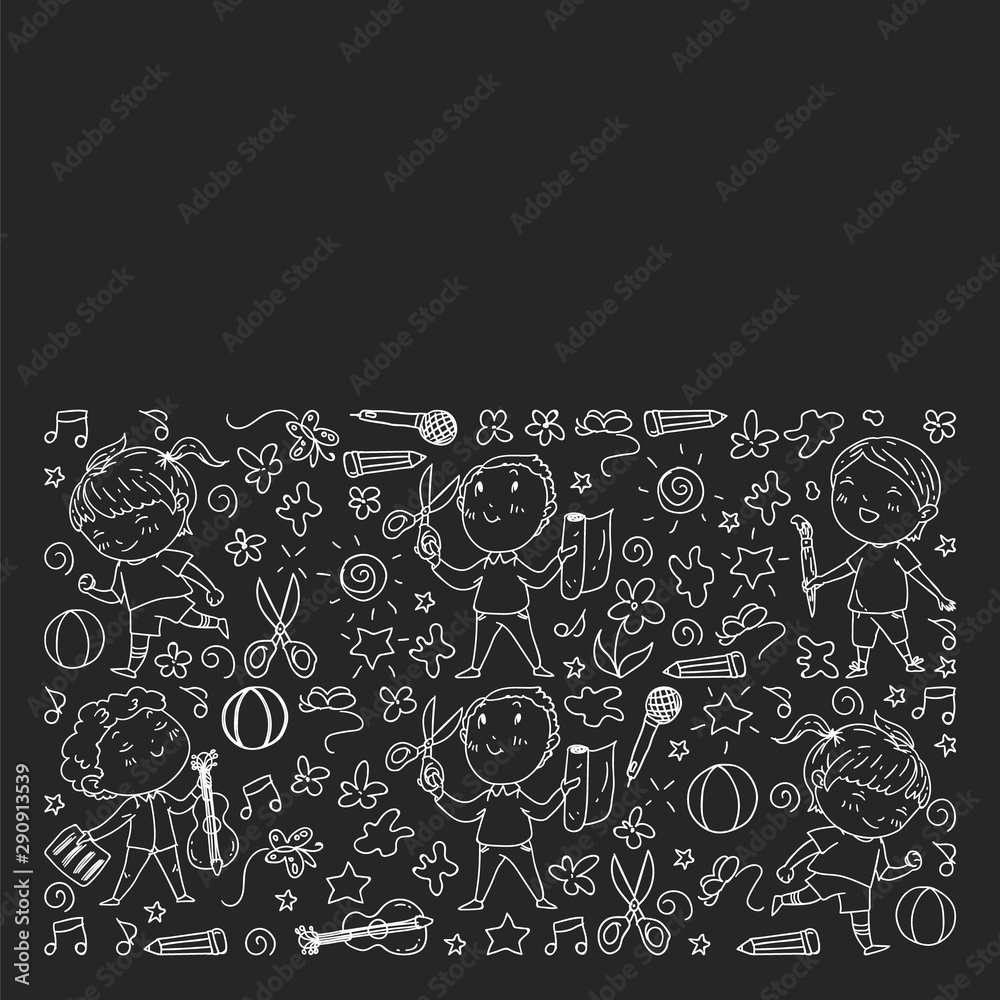 creative kids dancing, sing, playing football, playing guitar, violin, making models from paper. Monochrome chalk drawing on blackboard. creative kids dancing, sing, playing football, playing guitar, violin, making models from paper. Monochrome chalk drawing on blackboard.