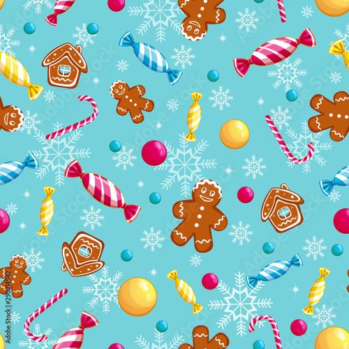 Vector seamless pattern for the holiday. Sweets, candies, gingerbread man, striped candy, house, Christmas balls, snowflakes.
