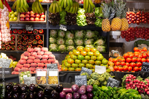 Market counter with fruits and vegetables