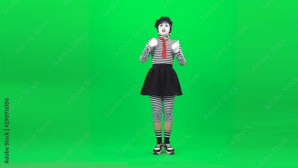 Mime girl singing song and bowing. Chroma key. Full length. Mime girl singing song and bowing. Chroma key. Full length.