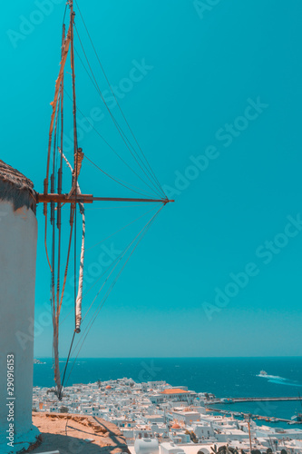 Boni or Bonis Windmill overlooking Mykonos Town Chora, Greece.  photo