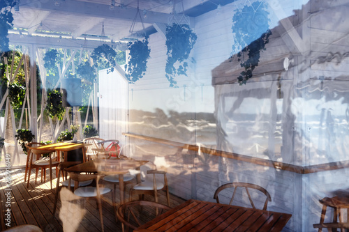 Fototapeta Naklejka Na Ścianę i Meble -  Summer cafe with tables on the sandy beach of the Baltic