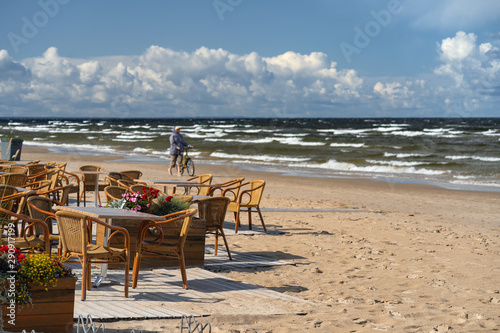 Summer cafe on the beach of Jurmala in autumn