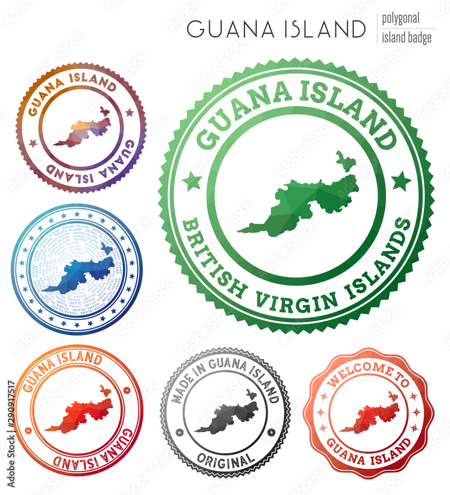 Obraz premium Guana Island badge. Colorful polygonal island symbol. Multicolored geometric Guana Island logos set. Vector illustration.
