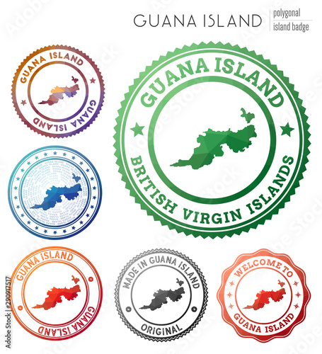 Guana Island badge. Colorful polygonal island symbol. Multicolored geometric Guana Island logos set. Vector illustration.