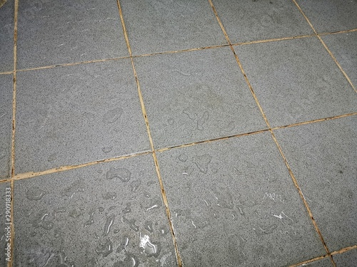 Ingrained dirt stuck on the bathroom floor.