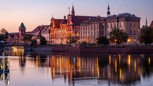 Wroclaw Old Town at sunrise. Building of the Ossolineum Library. Historical capital of Lower Silesia, Poland, Europe.