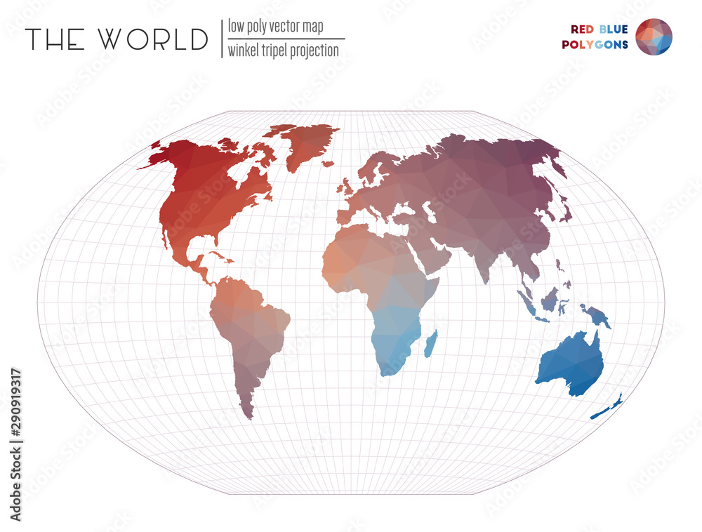 Low poly world map. Winkel tripel projection of the world. Red and blue colored polygons. Creative vector illustration. Low poly world map. Winkel tripel projection of the world. Red and blue colored polygons. Creative vector illustration.