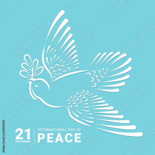 international peace day - abstract drawing line white dove with leaf on soft blue background vector design