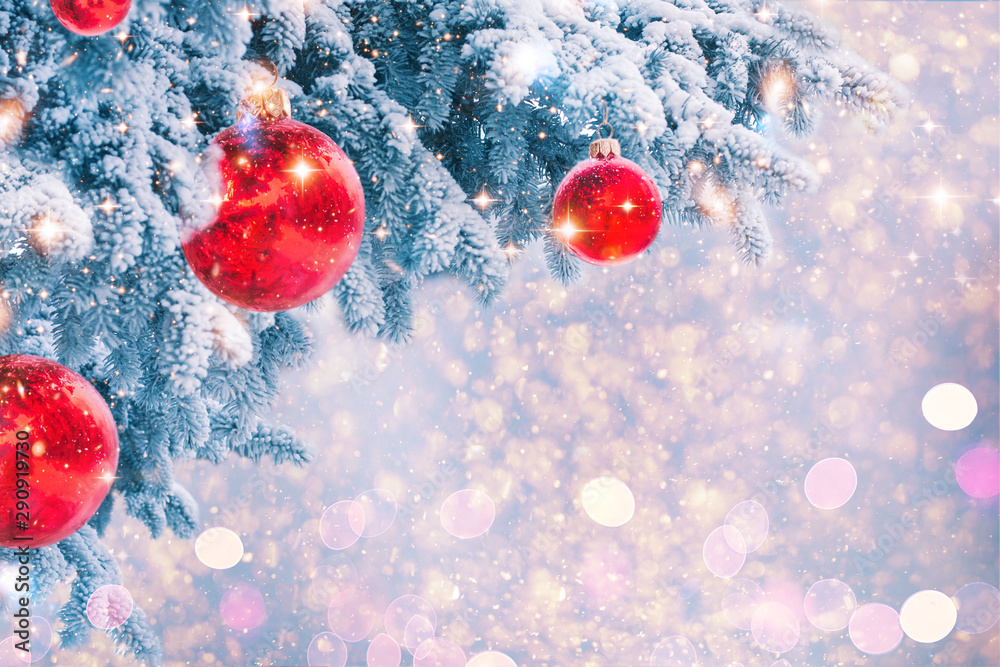 Border winter nature christmas background with frozen spruce, glitter lights, bokeh, snow. View through white frost pine branch. Happy new year. Text space. Elements of this Image Furnished by NASA. - obrazy, fototapety, plakaty 