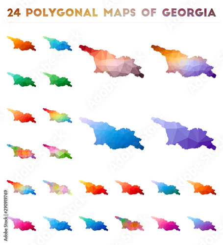 Set of vector polygonal maps of Georgia. Bright gradient map of country in low poly style. Multicolored Georgia map in geometric style for your infographics.