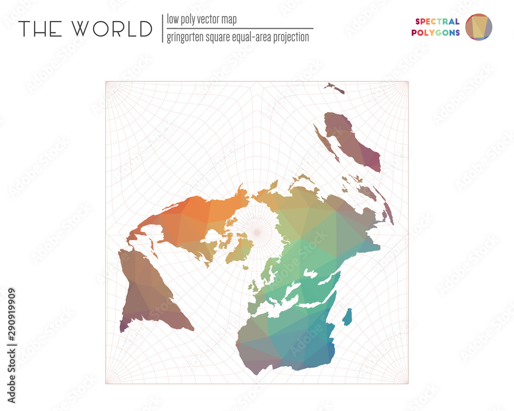 Fototapeta premium Abstract world map. Gringorten square equal-area projection of the world. Spectral colored polygons. Awesome vector illustration.