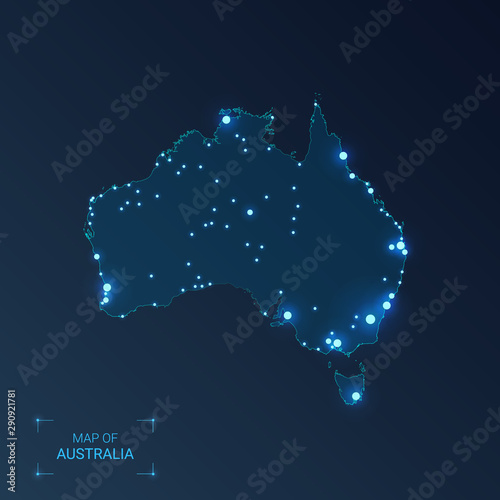 Australia map with cities. Luminous dots - neon lights on dark background. Vector illustration.