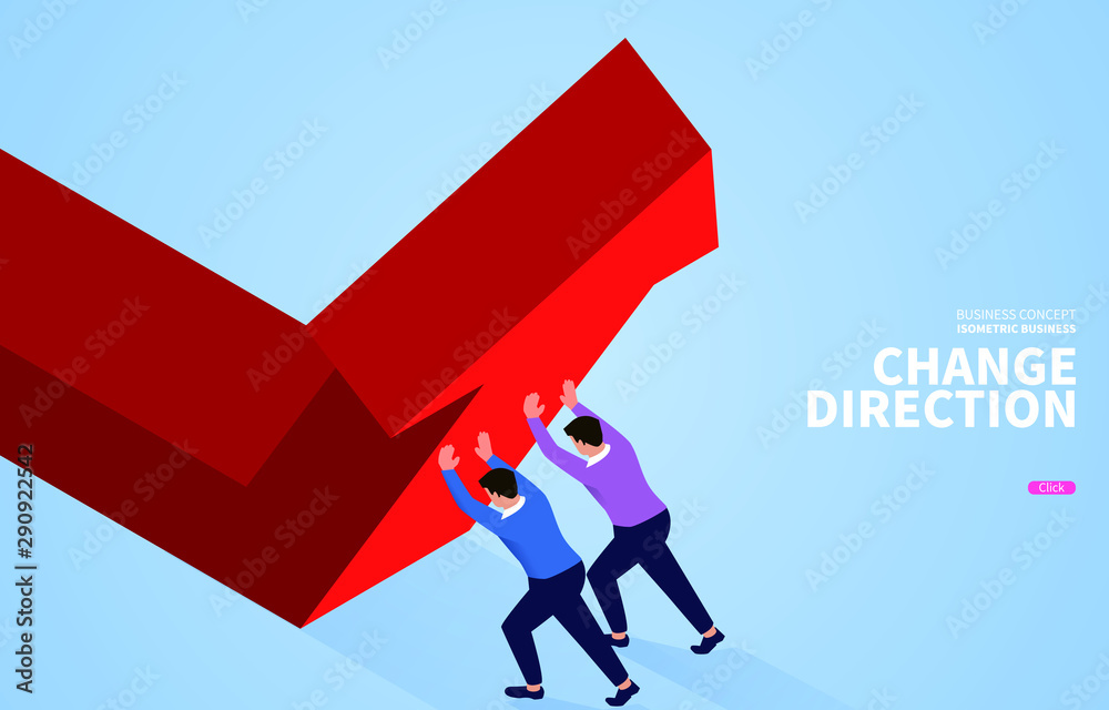 Change direction, two businessmen push the arrow Change direction, two businessmen push the arrow