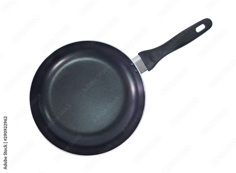 Top view of Black frying pan isolated on white background with clipping path, Flat lay. Top view of Black frying pan isolated on white background with clipping path, Flat lay.