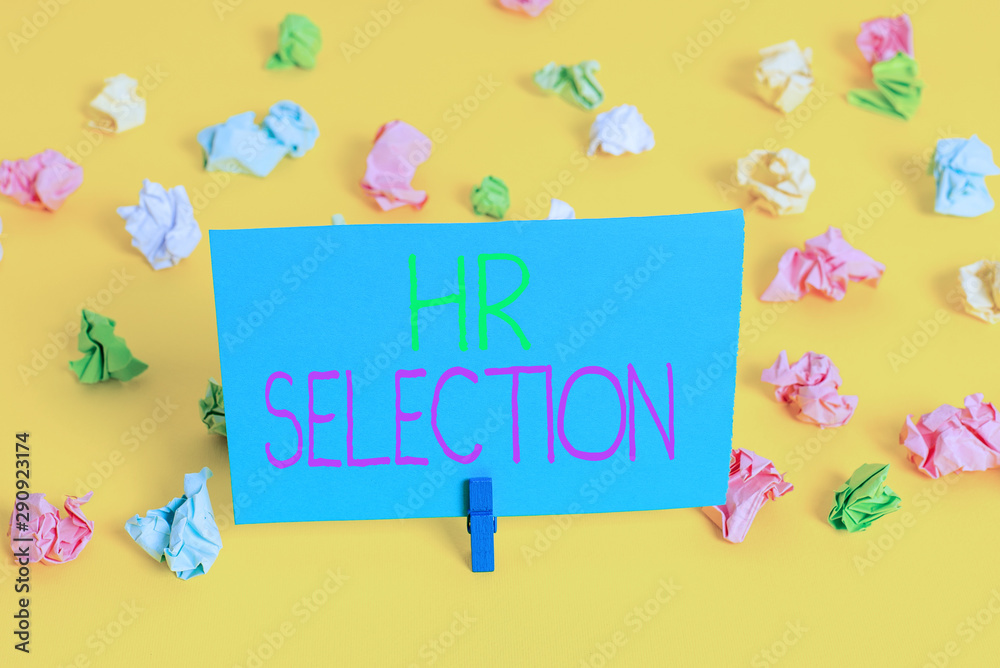 Writing note showing Hr Selection. Business concept for Process and approached by huanalysis resources when hiring employees Colored crumpled paper empty reminder white floor clothespin Writing note showing Hr Selection. Business concept for Process and approached by huanalysis resources when hiring employees Colored crumpled paper empty reminder white floor clothespin