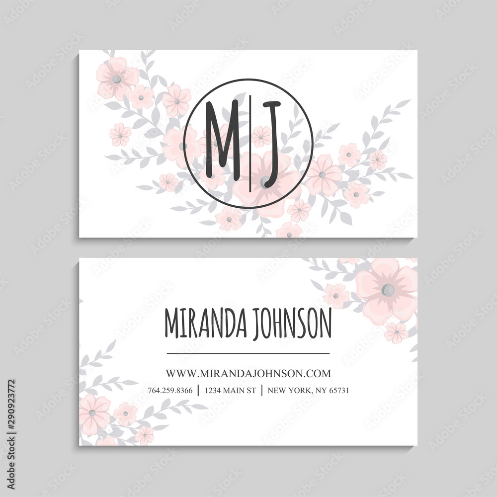 Cute business card with beautiful Light pink flowers. Template