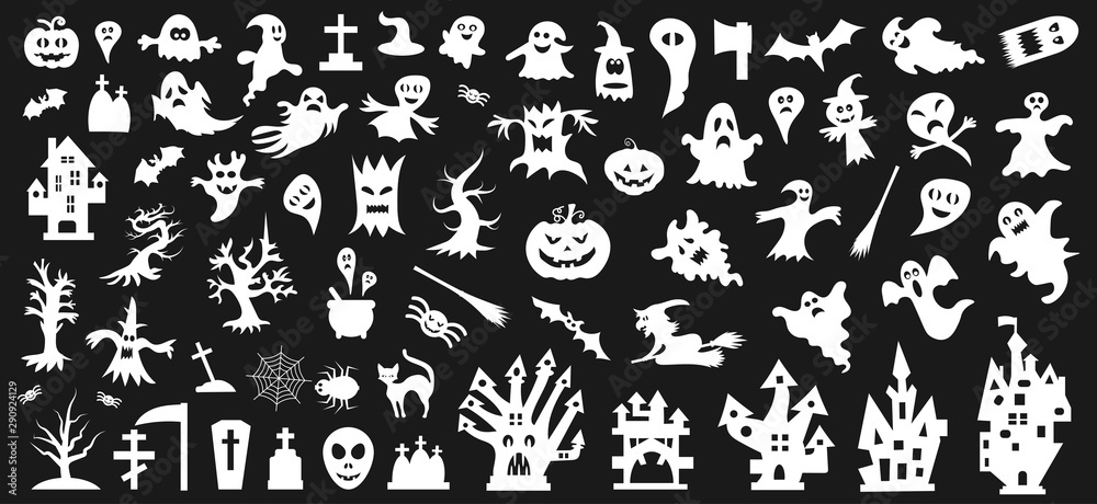Set of white silhouettes of Halloween on a black background. Vector illustration