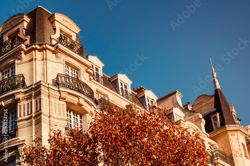 Fototapeta Naklejka Na Ścianę i Meble -  View through orange foliage on a house in Paris, France. The concept of Autumn time and October.