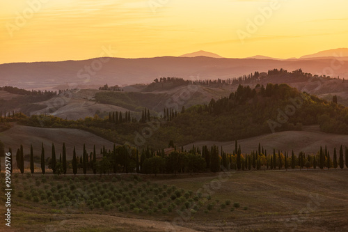 Tuscany countryside panorama on sunset, Italy.