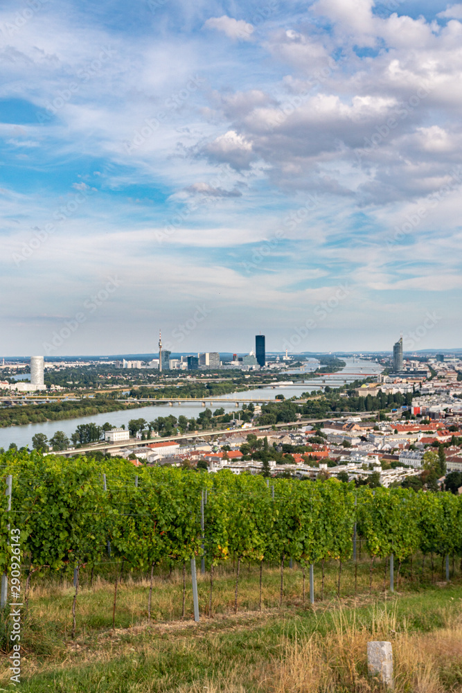 Stadt Panoramamit Blick auf Wien und die Donau vom Nußberg aus mit Wolken