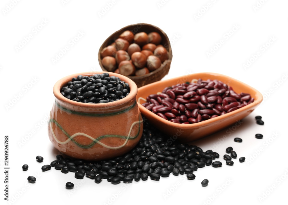 Autumn, fall foods with clay pot, bowl isolated on white background Autumn, fall foods with clay pot, bowl isolated on white background