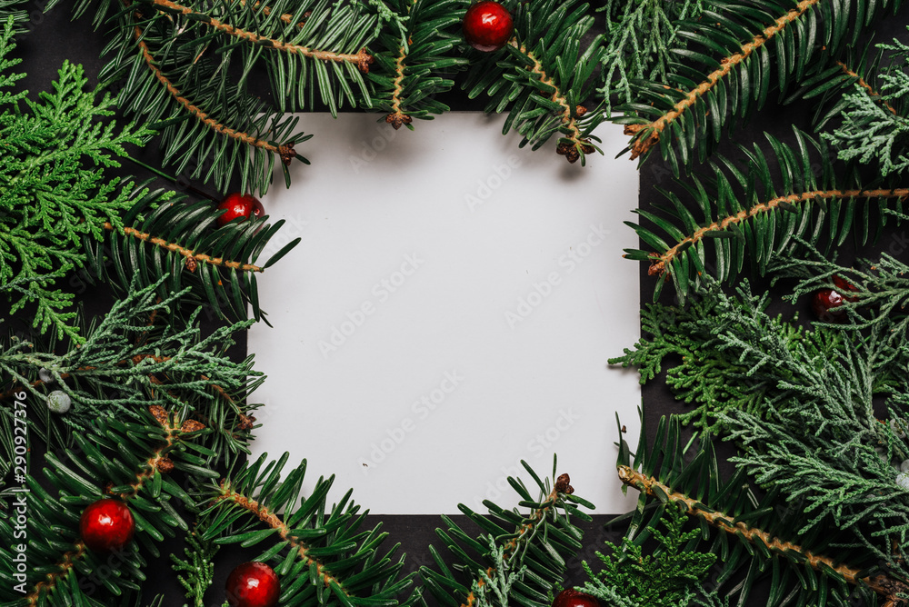 Frame of Christmas tree branches and decorations. Frame of Christmas tree branches and decorations.