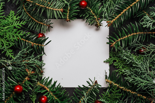 Frame of Christmas tree branches and decorations.