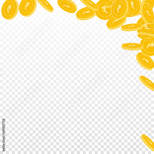 Indian rupee coins falling. Scattered big INR coin