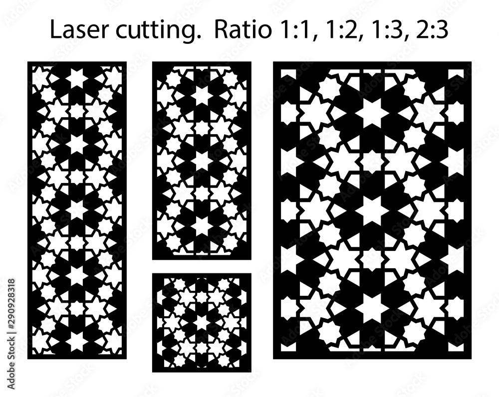 Laser pattern. Set of decorative vector panels for laser cutting. Template for interior partition in arabesque style. Ratio 1:1,1:2,1:3,2:3