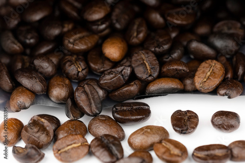 Roasted coffee beans background, Close Up mixture of different kinds of coffee beans.