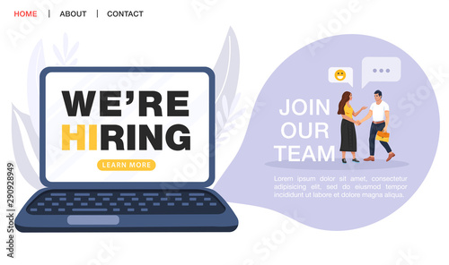 Join our team concept. Recruitment agency. Laptop notebook screen with we are hiring word. Business people shaking hands. Landing page template. Vector illustration.