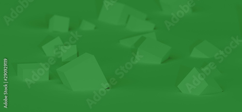 Abstract background with green cubes floating on plane. focus on close up cube and blurred background. wallpaper, 3d illustration