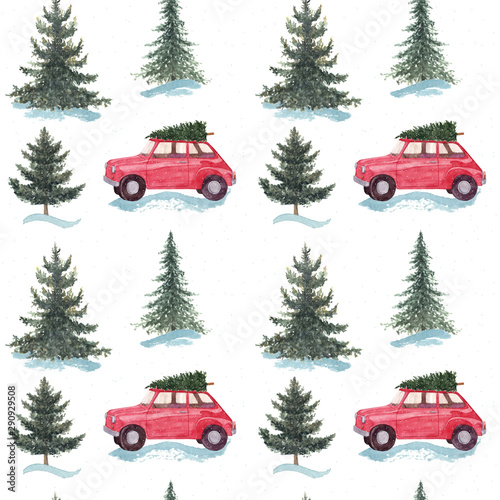 Christmas seamless pattern. Watercolor hand painted red car with Christmas tree in winter forest isolated on white background. 