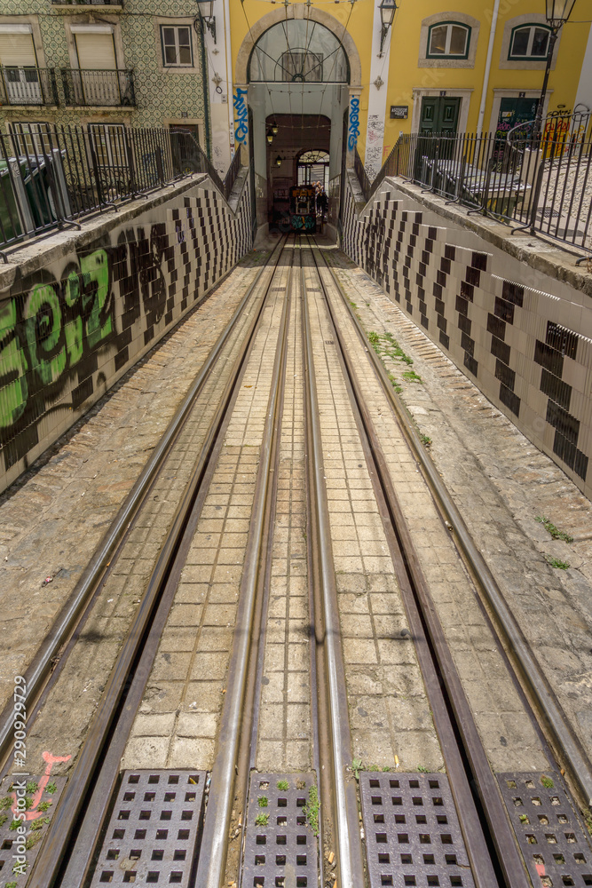 Elevador da Bica in Largo Santo Antoninho. 19th-century cable railway in Lisbon, Portugal.