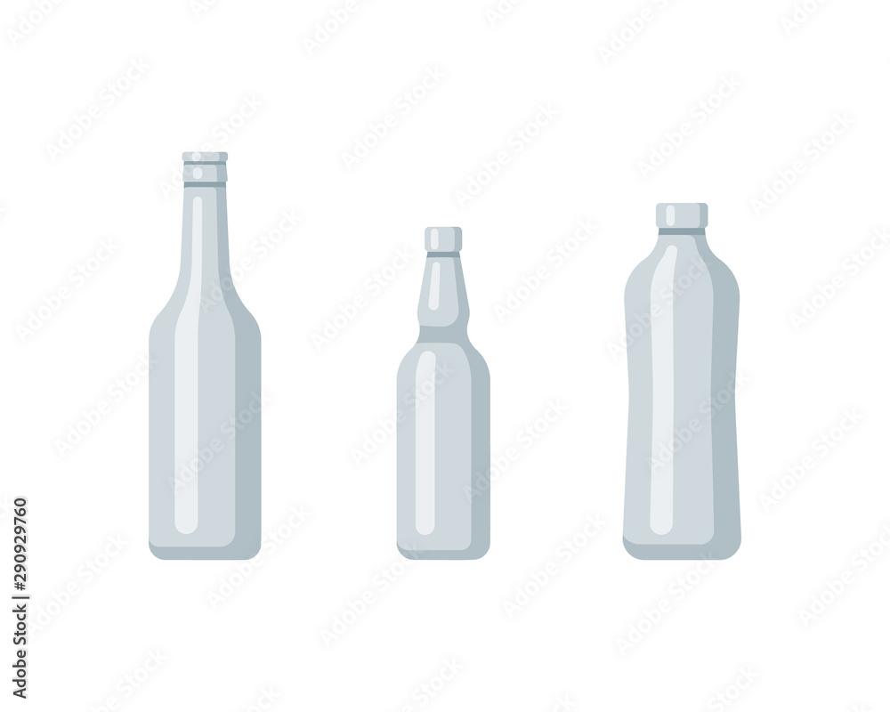 Plastic bottle set design flat oil and beverage. Set containers of different capacities large small tare.