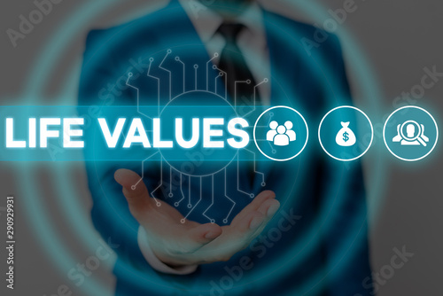 Text sign showing Life Values. Business photo showcasing things that you believe are important in the way you live Male human wear formal work suit presenting presentation using smart device