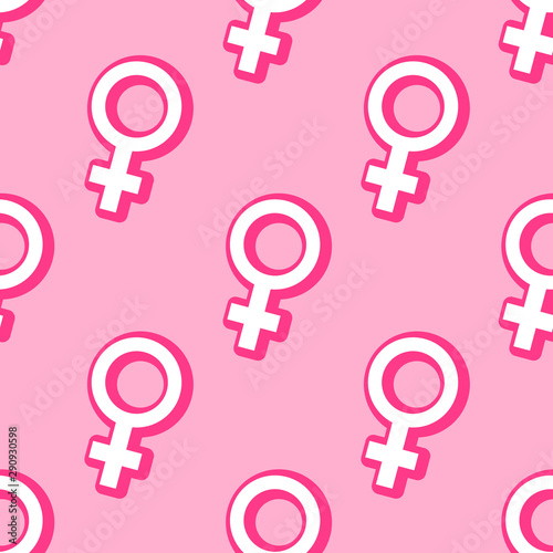 Seamless pattern with Venus sign, female sex symbol isolated on pink background. Vector wallpaper.