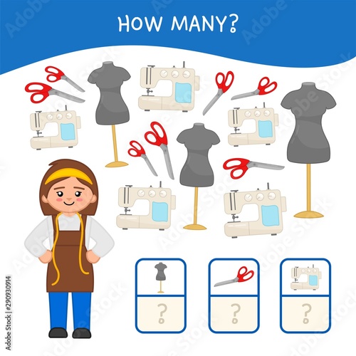 Counting educational children game, math kids activity sheet. How many objects task. Cartoon seamstress and equipment