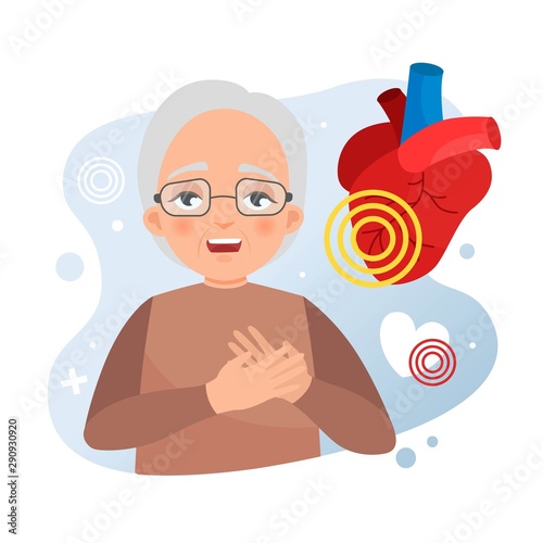 Vector illustration of a cute old woman holding on to a heart. The concept of heart disease. Heart attack.