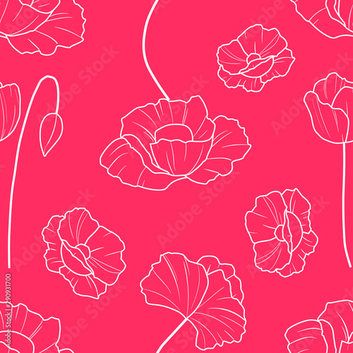 A seamless vector pattern with poppies. White outline beautiful flowers on a red background.