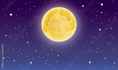 Cartoon full moon on dark starry night sky. starry and moon night backdrop. bright moon beautiful sky and stars. Vector illustration of moon and stars on the midnight sky. Night sky scenery background
