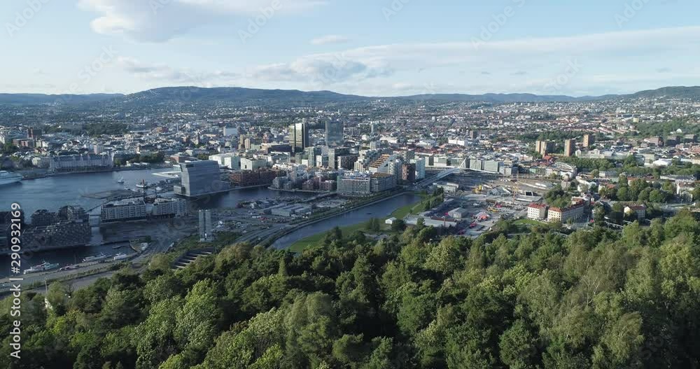 Cinema 4K drone shot with backward reveal motion and panorama view of the Oslo city line and construction in Bjoervika, a tourist attraction with the Munch museum, Soerenga and Barcode, in Norway. Cinema 4K drone shot with backward reveal motion and panorama view of the Oslo city line and construction in Bjoervika, a tourist attraction with the Munch museum, Soerenga and Barcode, in Norway.