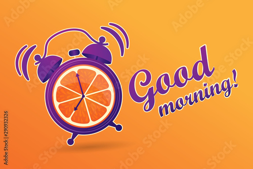 Good morning. Energetic, vitamin morning. The alarm clock is ringing.  Cheerfulness in the morning. Alarm  clock with oranges. Wake up, time for Breakfast. Blank space for your content, template.