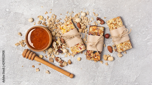 Granola bar with mix of nuts and honey for healthy nutrition